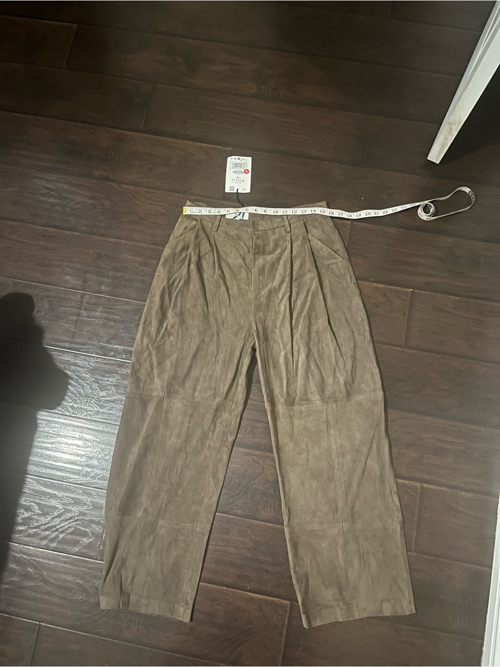 NWT Zara Olive-Brown Pleated real leather Wide-Leg Trousers